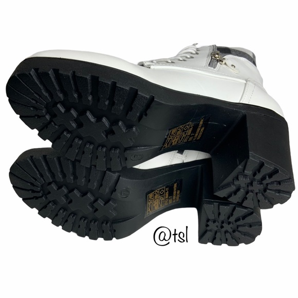 White Lace Up Chunky Heel Plad Inset Combat Boot - Picture 6 of 9